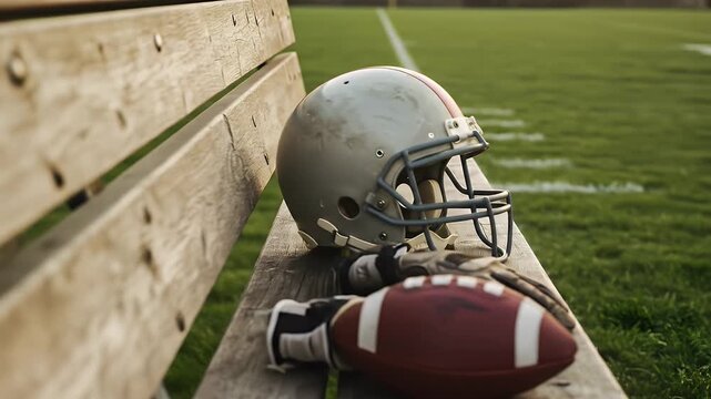Football helmet and ball on bench by field. Perfect for sports articles, blogs, and social media posts about football games.