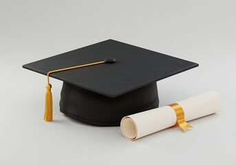 Graduation cap with tassel and diploma scroll on a neutral background signifying academic achievement and the culmination of education