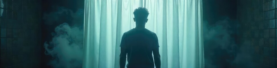 Silhouetted Figure in Steam-Filled Shower, Conveying Isolation and Melancholy
