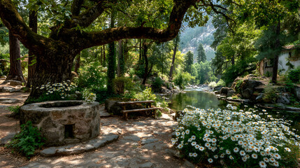 Obraz premium Stone well and bench in a lush garden with white flowers and a large tree.