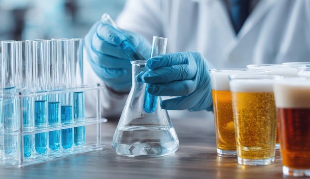 Scientist analyzing different beer samples in a lab