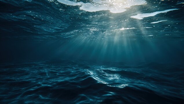 Underwater sunbeams illuminate dark ocean floor