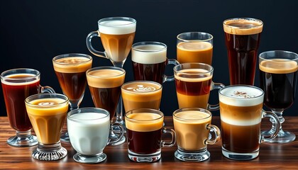 Assortment of coffee drinks in diverse glassware, showcasing various styles and sizes, milk, americano