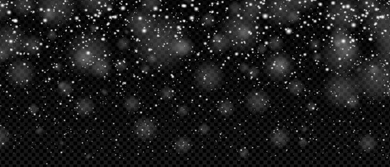 Realistic snowfall background with glowing snowflakes and sparkling winter dust. Abstract transparent overlay vector for Christmas card, festive poster, holiday banner or seasonal decoration.