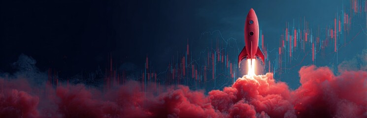 Rocket launch over a city in a cloud of smoke, with financial data visible