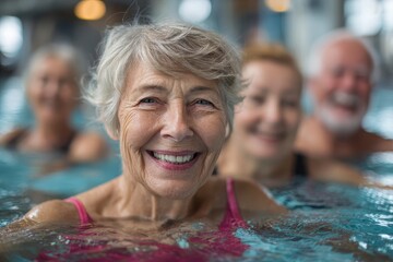 Obraz premium Smiling senior woman enjoys water aerobics with friends at an indoor pool. It shows healthy aging, social activity, and promoting active lifestyle.
