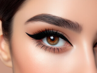 Obraz premium A hyperrealistic macro photo of a woman's eye with a flawless, sharp black winged eyeliner and perfect lashes, showcasing professional makeup artistry and precision.