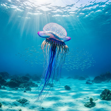 Portuguese Man o' War underwater with sunbeams and a school of fish.