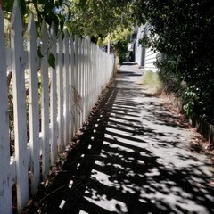 White picket fence and pathway shadows
