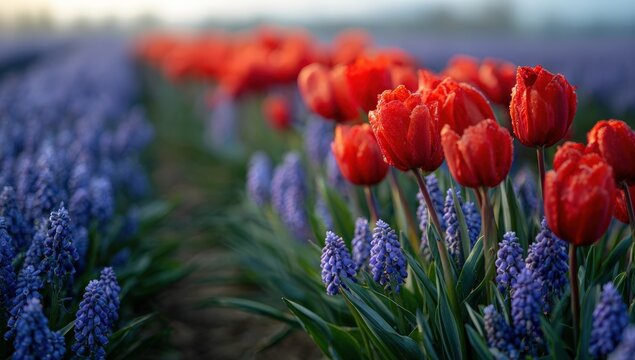 Vibrant red tulips and periwinkle hyacinths in a spring field
