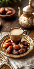 Fototapeta premium traditional ramadan iftar setup with dates, milk and arabic coffee pot, cultural food photography for fasting and eid celebration