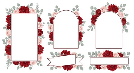 Elegant floral frame collection with roses and dahlias, perfect for wedding invitations and greeting cards isolated on white background