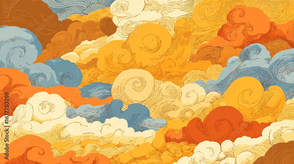 Poster an abstract composition depicts swirling cloud formations in warm and cool tones, evoking a sense of