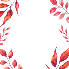 Watercolor square frame of branches with bright red autumn leaves. Hand-painted botanical border. Isolated on a white background. For fall design, invitations, greeting cards, posters, packaging.