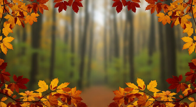 Colorful autumn leaves creating a natural frame with a blurred forest path in the background for seasonal concepts