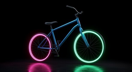 Neon bicycle with glowing wheels on a black background reflecting the colorful light showing futuristic transportation and modern urban lifestyle concept