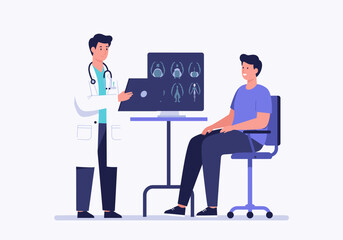 A doctor explains medical scan results to a male patient during a consultation, discussing health and diagnosis in a modern clinic setting.