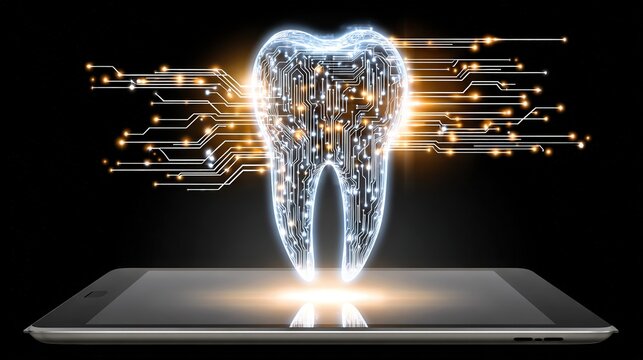 Glowing holographic tooth emerging from digital tablet with golden circuit connections on dark background, symbolizing futuristic dental technology innovation