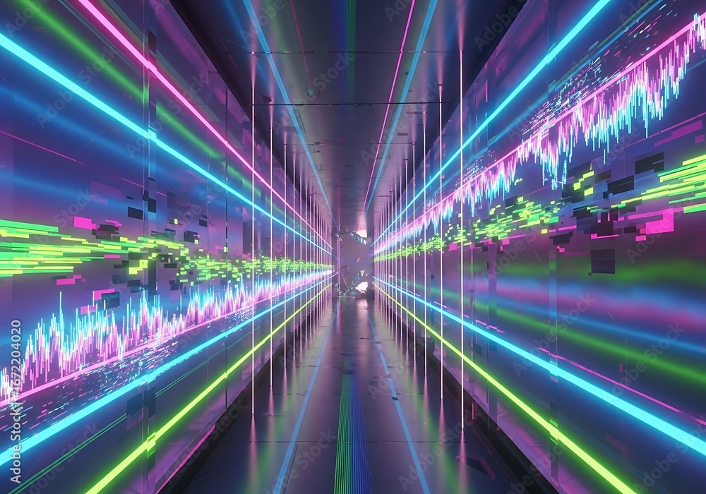 Poster luminous tunnel of financial data visualization and cybernetic information streams