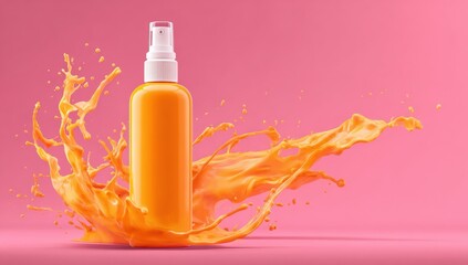 Orange spray bottle surrounded by vibrant splashes on a pink background