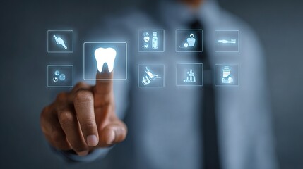 Business professional using digital interface with glowing tooth icon and medical service symbols for futuristic dental care technology and innovation design