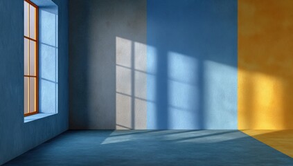 Empty room with colorful walls and sunlight