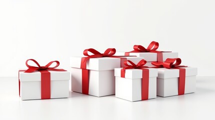 Obraz premium White gift boxes with red satin ribbons on clean white background, for christmas, wedding, Valentine’s Day, birthdays themes, or celebration concepts