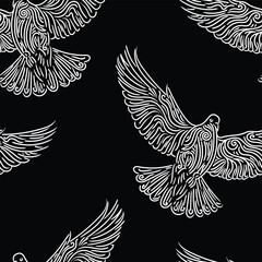 White abstract doodle of dove in black and white seamless pattern