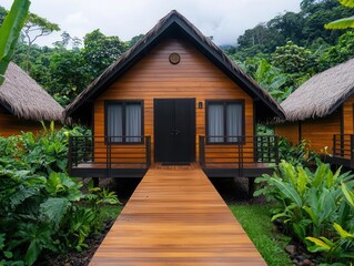 Fototapeta premium Ecolodge in tropical location with minimalist design, harmony with nature