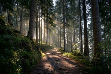 Fototapeta premium illuminated path through forest with tall trees 