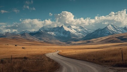 Mountain road winds through a golden valley under a partly cloudy sky