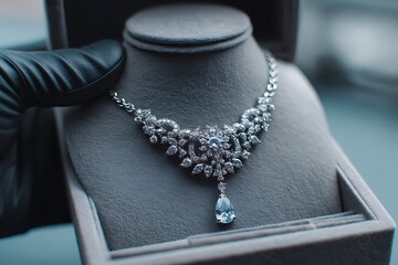 A close-up shot of a gloved hand lifting a glittering diamond necklace from an unlocked jewelry box, representing a heist in progress.