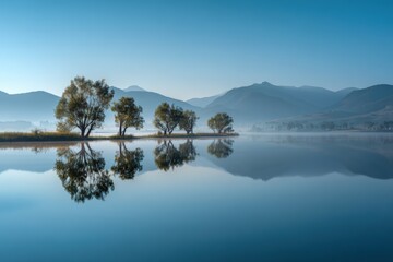 Calm lake reflecting trees and mountains at dawn