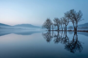 Tranquil lake scene at dawn