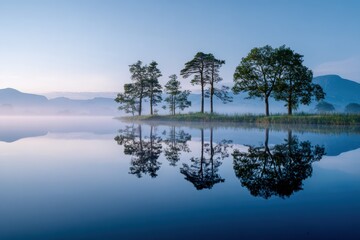 Misty lake sunrise with trees