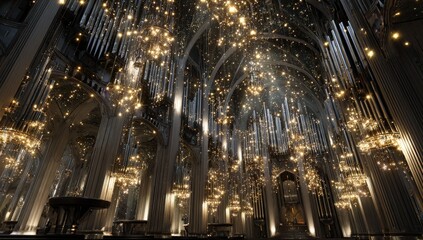 Cathedral interior, opulent chandeliers, pipe organ, mirrored walls,  religious ceremony background
