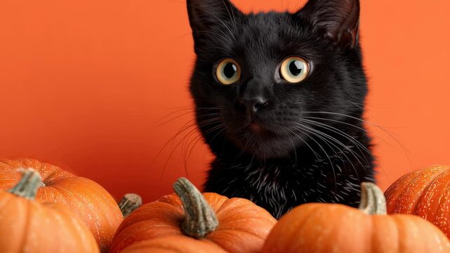 Black Cat Peeking Behind Pumpkins on Orange Background