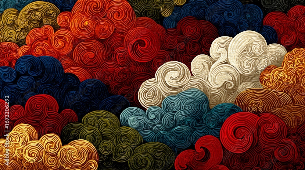 Poster an abstract composition features swirling, textured forms in a vibrant palette, evoking a sense of d