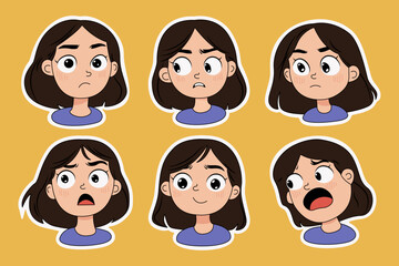 Cartoon character emotions sticker set. Woman comic face with different expressions sad happy angry, little girl facial avatar with big eyes flat style. Vector isolated collection