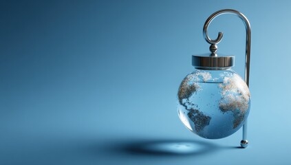 A clear glass globe filled with water, depicting the Earth, suspended from a metallic bracket