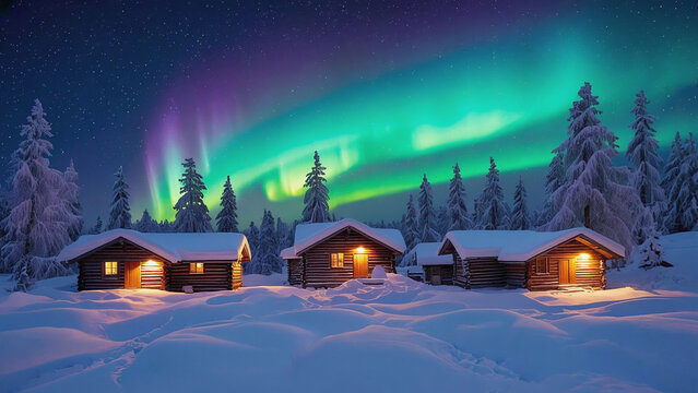 Winter Cabins with Aurora Borealis Northern Lights Snowy Landscape - Powered by Adobe