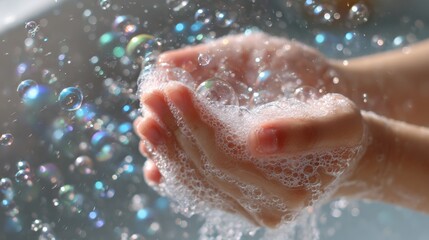 Fototapeta premium little kid hands wash with soap bubbles and rinse with clean water to prevent and stop the spread of germs after back to home, virus or covid19. Good health and good personal hygiene, virus, bacteria