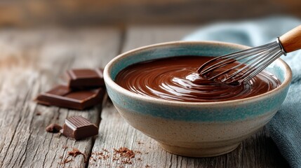 Bowl of rich melted chocolate being whisked with a metal whisk, surrounded by chocolate pieces on rustic wooden table, creating a warm and inviting atmosphere for baking enthusiasts