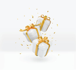 White gift boxes with golden ribbon with bow and gold sequins confetti on white background. Gift present boxes flying and falling Birthday celebration. Prize Vector illustration