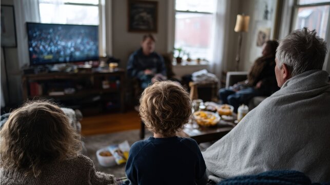 A family gathering in a cozy living room. Two children, a blond girl and a boy with curly hair, watch a man on TV. An older man sits wrapped in a blanket. - Powered by Adobe