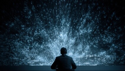 A businessman contemplates a vast digital data display