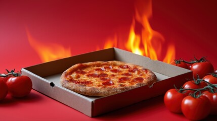 Spicy pepperoni pizza in box with flames and fresh tomatoes on red background