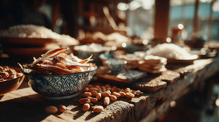 Various food items arranged on a rustic wooden table.