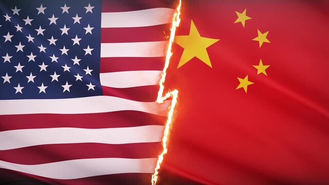 American and Chinese flags waving together. Background for news broadcast or documentary.