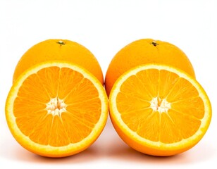 Two whole oranges and two halves, showcasing their juicy, vibrant interior against a stark white backdrop